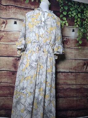 Women’s Yellow Floral Maxi Dress with Tie Waist and Ruffle Sleeves